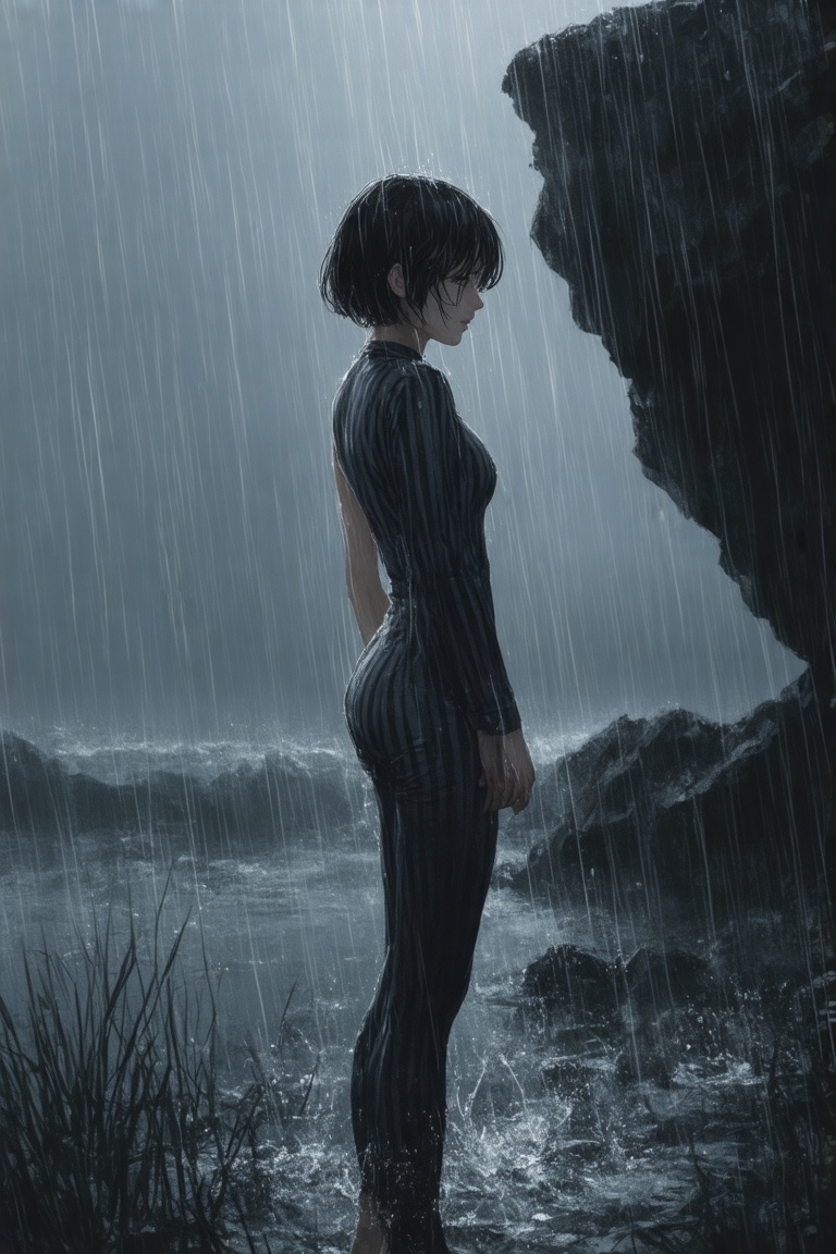 This is a digital illustration depicting a young woman standing from the side in a rainstorm during a heavy rain shower. S...