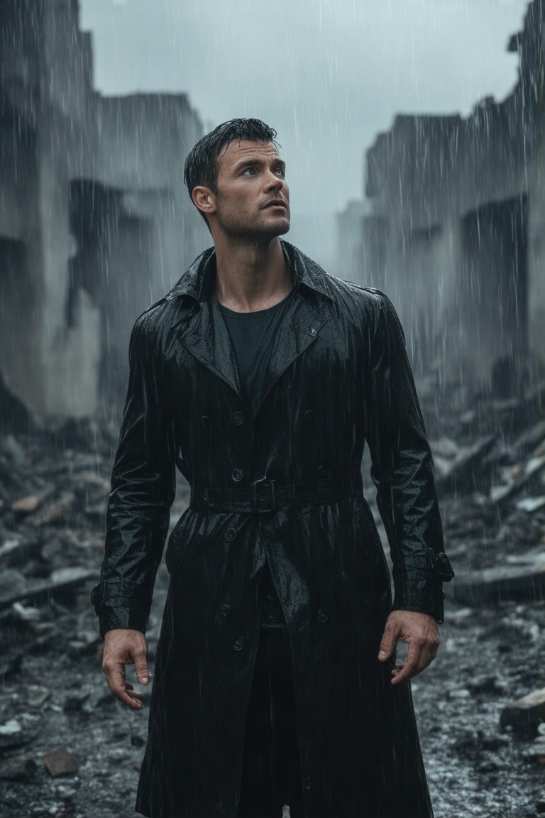 The image is a photograph featuring a man standing in a rain-soaked,  dimly lit urban landscape. He is positioned slightly...