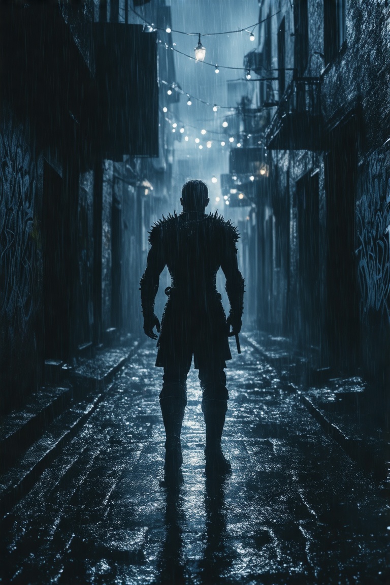 This is a high-resolution digital illustration depicting a dark,  rain-soaked alley at night during a heavy rain shower. T...