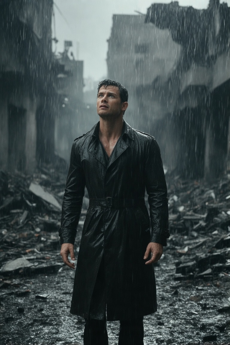 The image is a photograph featuring a man standing in a rain-soaked,  dimly lit urban landscape. He is positioned slightly...