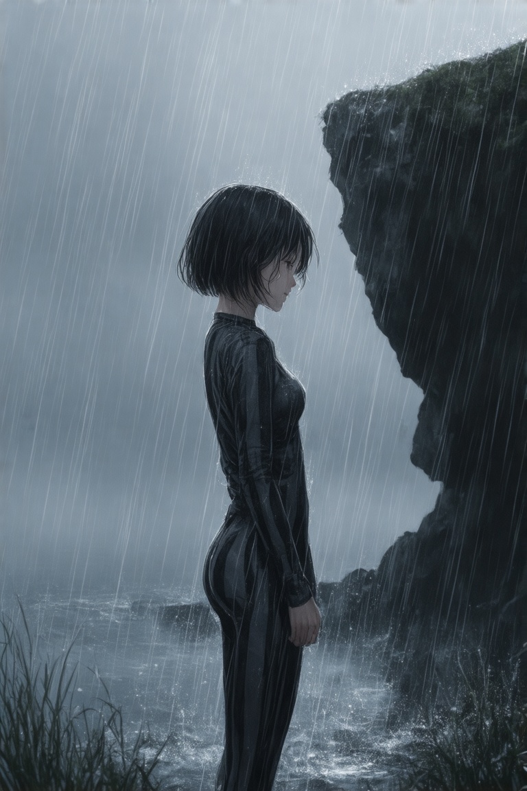 This is a digital illustration depicting a young woman standing from the side in a rainstorm during a heavy rain shower. S...