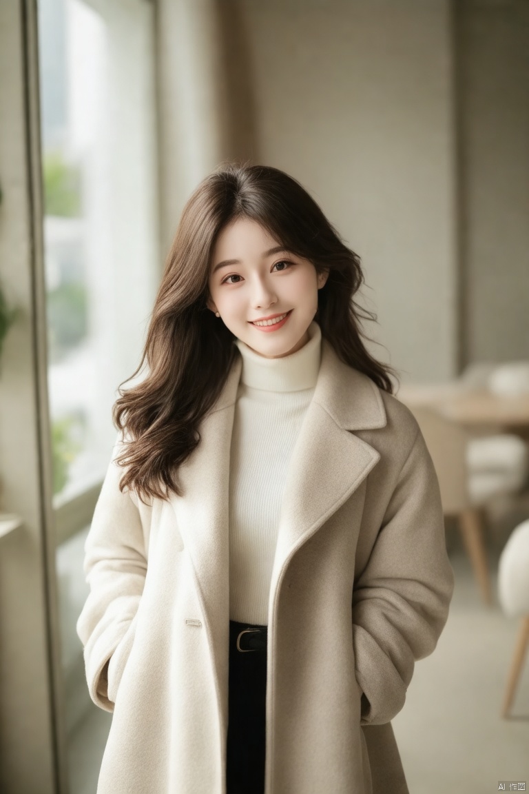 (a girl in a light-colored coat,white turtleneck,long wavy hair,softly lit background,indoor setting),(best quality,4k,8k,highres,masterpiece:1.2),ultra-detailed,(realistic,photorealistic,photo-realistic:1.37),beautiful detailed eyes,beautiful detailed lips,extremely detailed eyes and face,long eyelashes,smiling gently,standing,looking at viewer,cozy atmosphere,gentle lighting,soft shadows,calm expression,modern interior,neat hairstyle,subtle makeup,slim figure,refined style,soft pastel colors,serene ambiance,portrait,photography