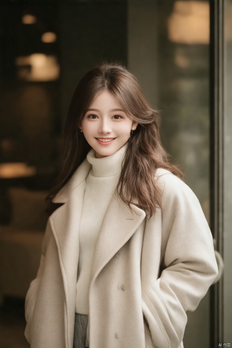 (a girl in a light-colored coat,white turtleneck,long wavy hair,softly lit background,indoor setting),(best quality,4k,8k,highres,masterpiece:1.2),ultra-detailed,(realistic,photorealistic,photo-realistic:1.37),beautiful detailed eyes,beautiful detailed lips,extremely detailed eyes and face,long eyelashes,smiling gently,standing,looking at viewer,cozy atmosphere,gentle lighting,soft shadows,calm expression,modern interior,neat hairstyle,subtle makeup,slim figure,refined style,soft pastel colors,serene ambiance,portrait,photography