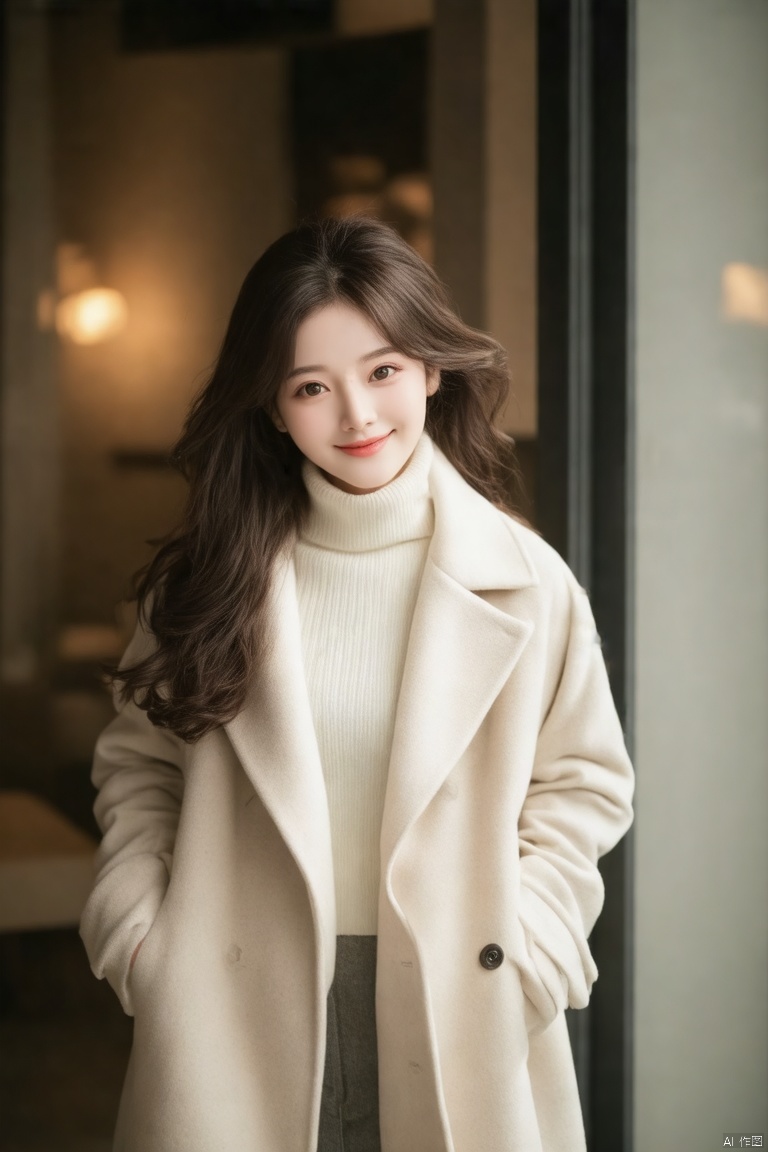 (a girl in a light-colored coat,white turtleneck,long wavy hair,softly lit background,indoor setting),(best quality,4k,8k,highres,masterpiece:1.2),ultra-detailed,(realistic,photorealistic,photo-realistic:1.37),beautiful detailed eyes,beautiful detailed lips,extremely detailed eyes and face,long eyelashes,smiling gently,standing,looking at viewer,cozy atmosphere,gentle lighting,soft shadows,calm expression,modern interior,neat hairstyle,subtle makeup,slim figure,refined style,soft pastel colors,serene ambiance,portrait,photography