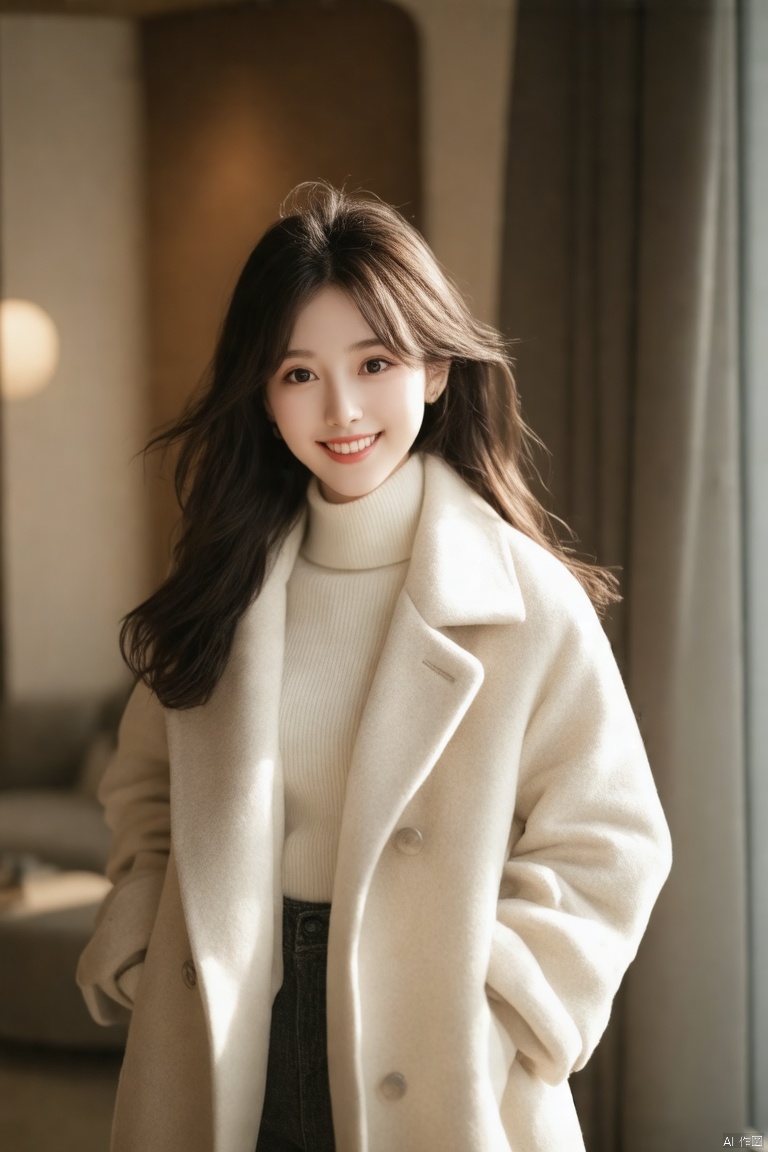 (a girl in a light-colored coat,white turtleneck,long wavy hair,softly lit background,indoor setting),(best quality,4k,8k,highres,masterpiece:1.2),ultra-detailed,(realistic,photorealistic,photo-realistic:1.37),beautiful detailed eyes,beautiful detailed lips,extremely detailed eyes and face,long eyelashes,smiling gently,standing,looking at viewer,cozy atmosphere,gentle lighting,soft shadows,calm expression,modern interior,neat hairstyle,subtle makeup,slim figure,refined style,soft pastel colors,serene ambiance,portrait,photography
