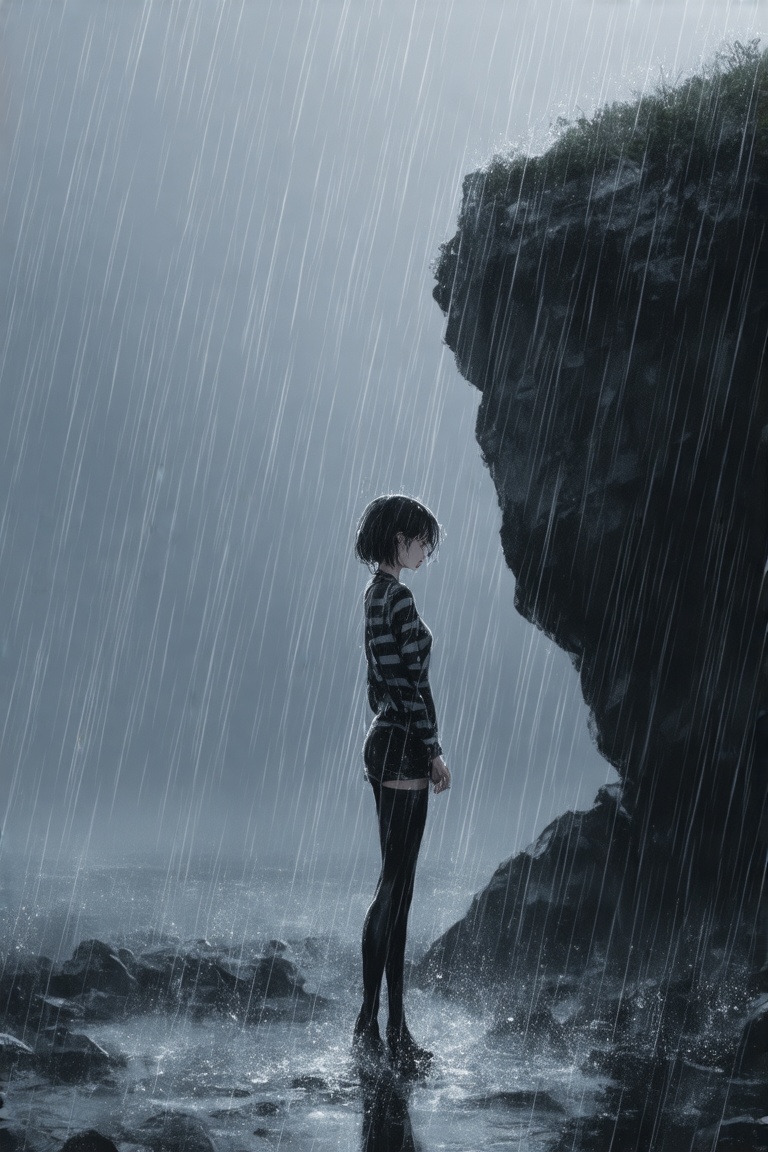 This is a digital illustration depicting a young woman standing from the side in a rainstorm during a heavy rain shower. S...