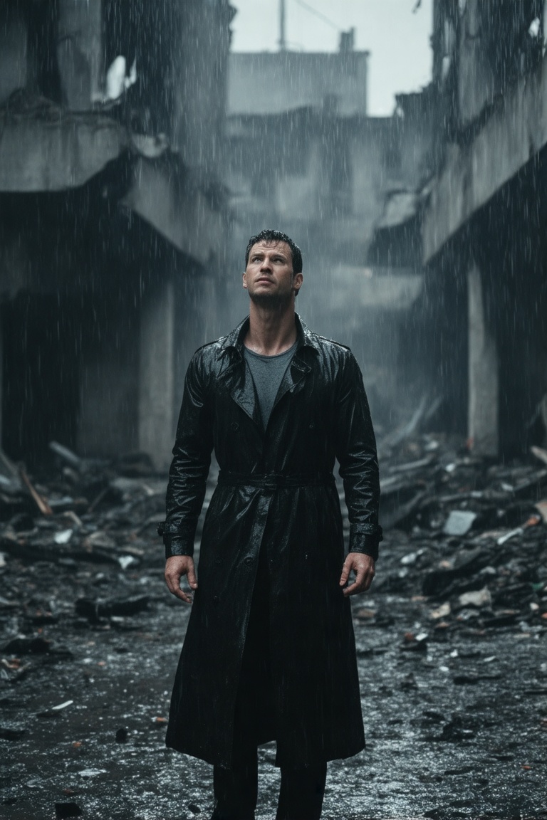 The image is a photograph featuring a man standing in a rain-soaked,  dimly lit urban landscape. He is positioned slightly...
