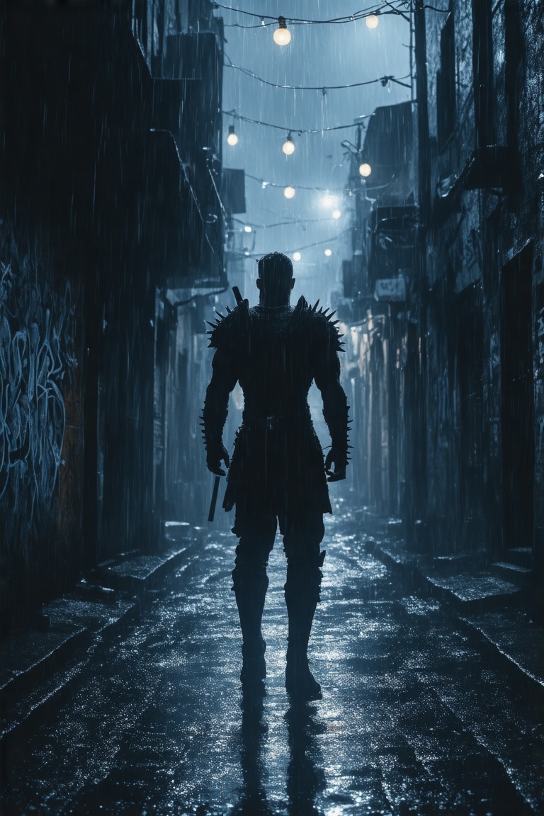 This is a high-resolution digital illustration depicting a dark,  rain-soaked alley at night during a heavy rain shower. T...