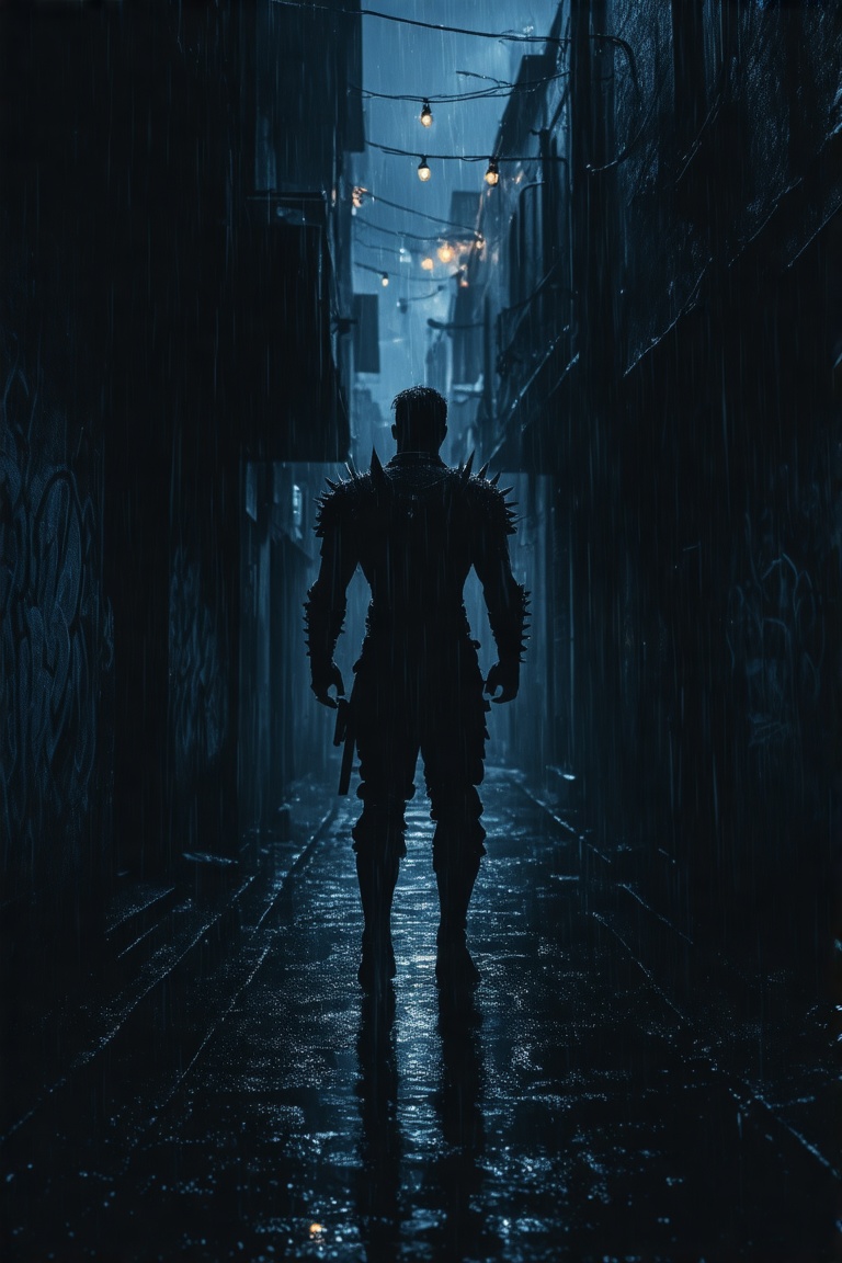This is a high-resolution digital illustration depicting a dark,  rain-soaked alley at night during a heavy rain shower. T...