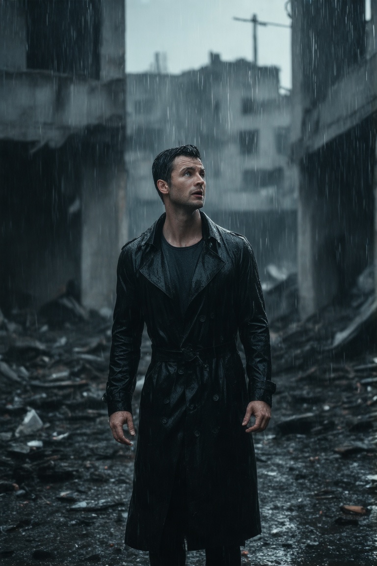The image is a photograph featuring a man standing in a rain-soaked,  dimly lit urban landscape. He is positioned slightly...