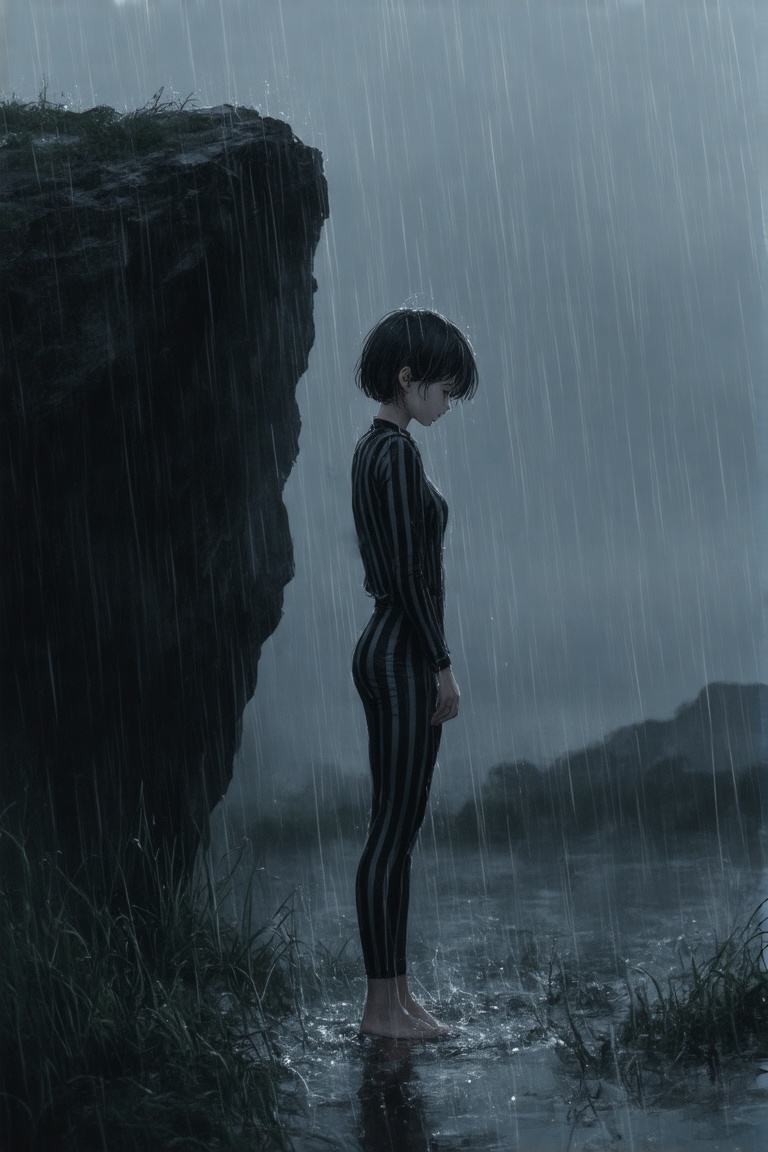 This is a digital illustration depicting a young woman standing from the side in a rainstorm during a heavy rain shower. S...