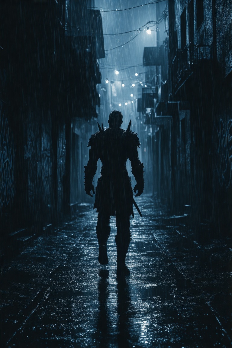 This is a high-resolution digital illustration depicting a dark,  rain-soaked alley at night during a heavy rain shower. T...