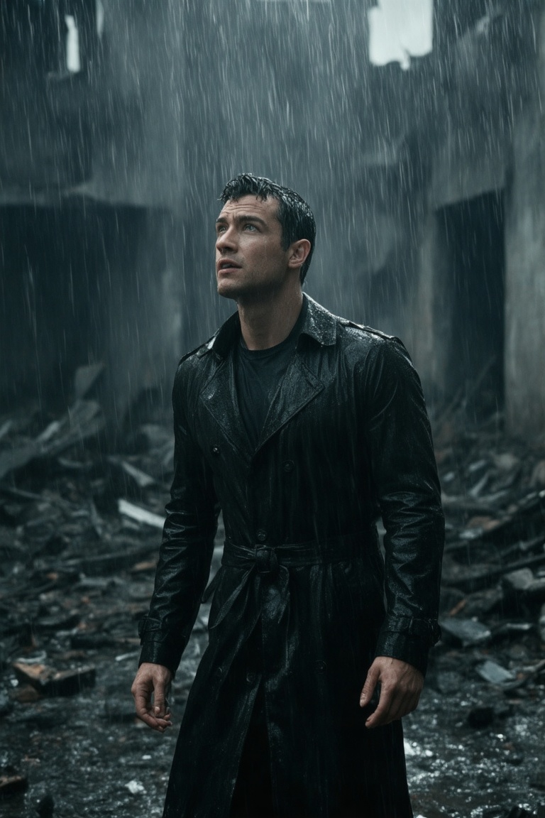 The image is a photograph featuring a man standing in a rain-soaked,  dimly lit urban landscape. He is positioned slightly...