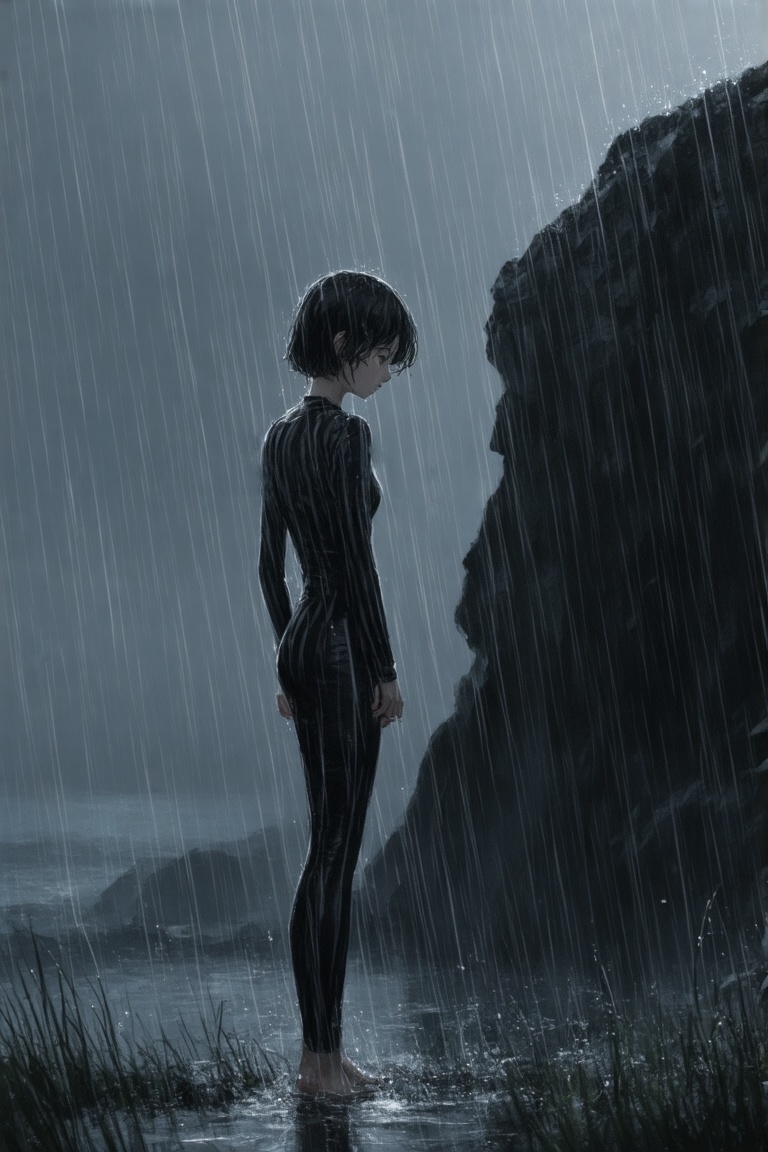This is a digital illustration depicting a young woman standing from the side in a rainstorm during a heavy rain shower. S...