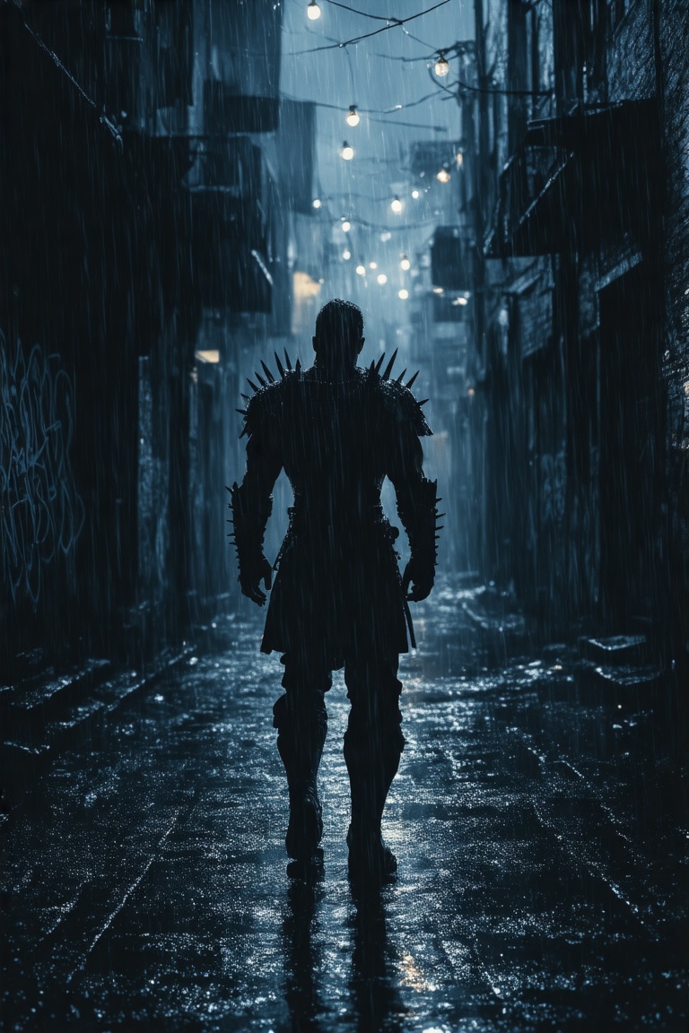 This is a high-resolution digital illustration depicting a dark,  rain-soaked alley at night during a heavy rain shower. T...