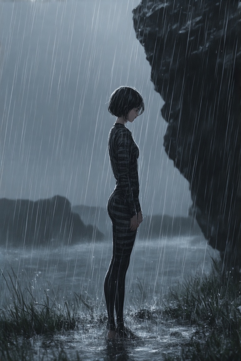 This is a digital illustration depicting a young woman standing from the side in a rainstorm during a heavy rain shower. S...