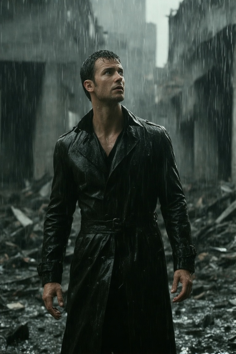 The image is a photograph featuring a man standing in a rain-soaked,  dimly lit urban landscape. He is positioned slightly...
