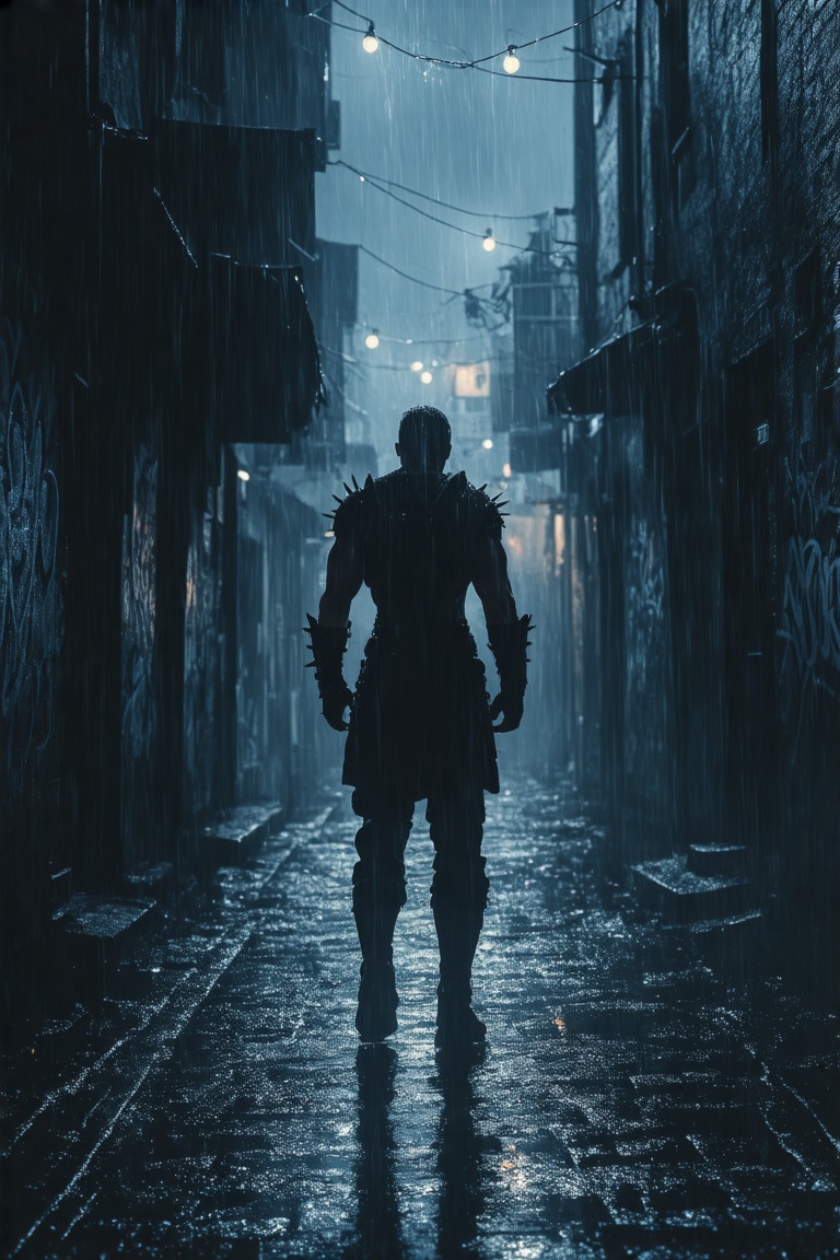 This is a high-resolution digital illustration depicting a dark,  rain-soaked alley at night during a heavy rain shower. T...