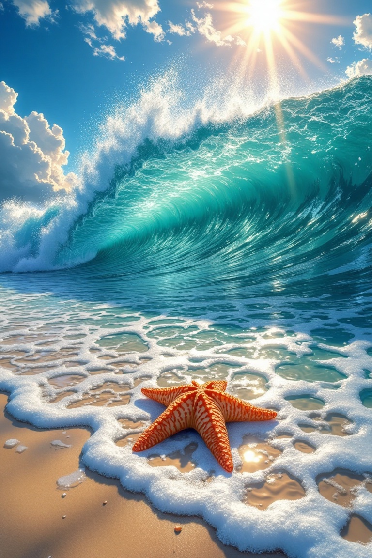 A stunning beach scene unfolds as a dazzling sun casts its warm rays upon the shore. The camera zooms in on a vibrant sea...