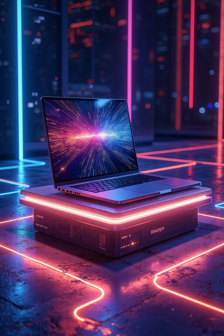 A futuristic laptop,  smartphone,  or wearable device displayed on a glowing pedestal by MidnAi on Tensor.Art