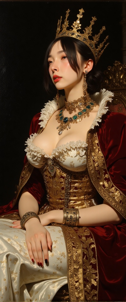 A sumptuously detailed Baroque painting of a regal queen,  her opulent gown adorned with intricate embroidery and jewels,...