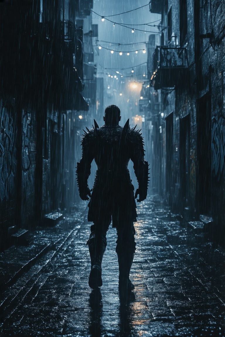 This is a high-resolution digital illustration depicting a dark,  rain-soaked alley at night during a heavy rain shower. T...