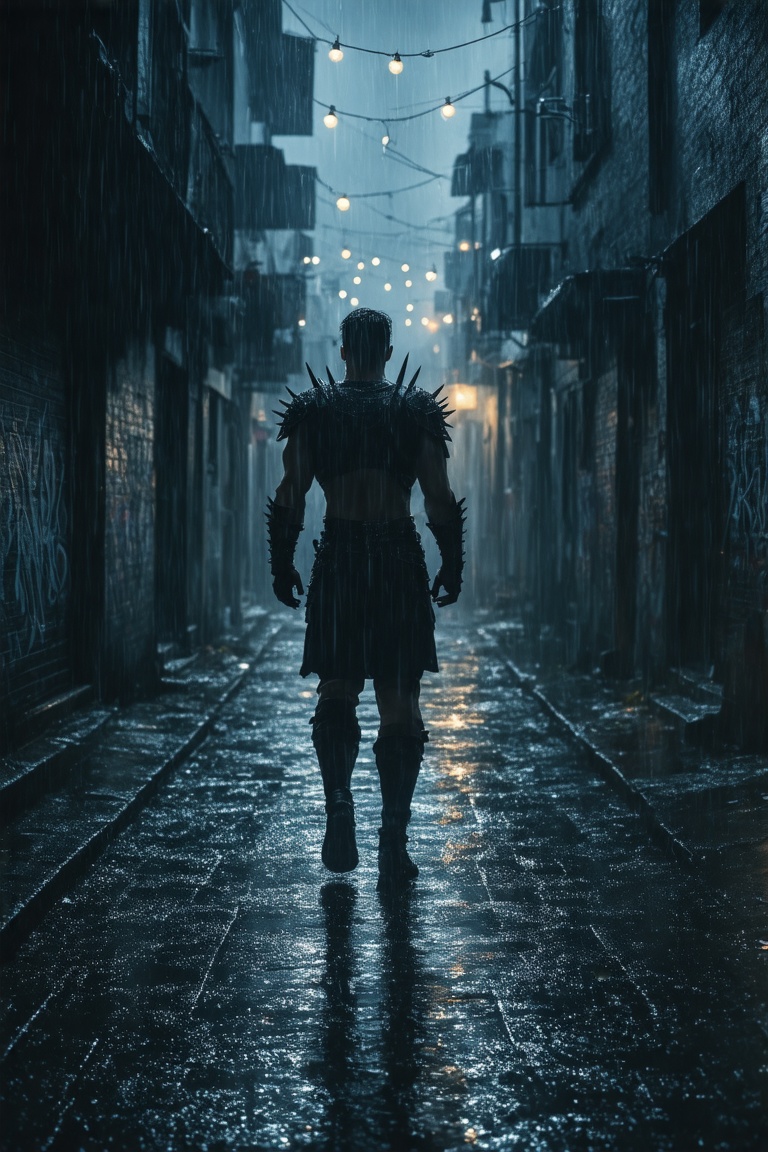 This is a high-resolution digital illustration depicting a dark,  rain-soaked alley at night during a heavy rain shower. T...