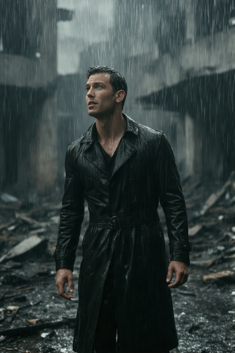 The image is a photograph featuring a man standing in a rain-soaked,  dimly lit urban landscape. He is positioned slightly...