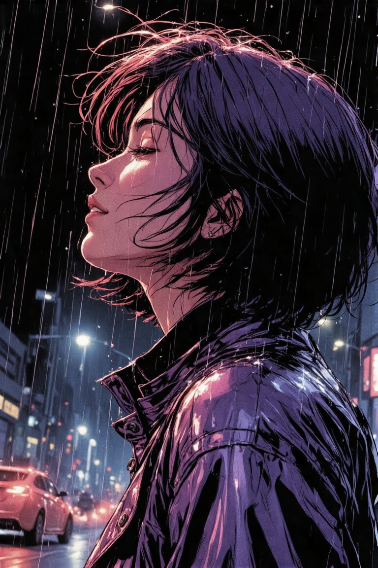 This image is a digital illustration in a dark,  urban setting,  depicting a close-up of a young woman's profile. The artw...