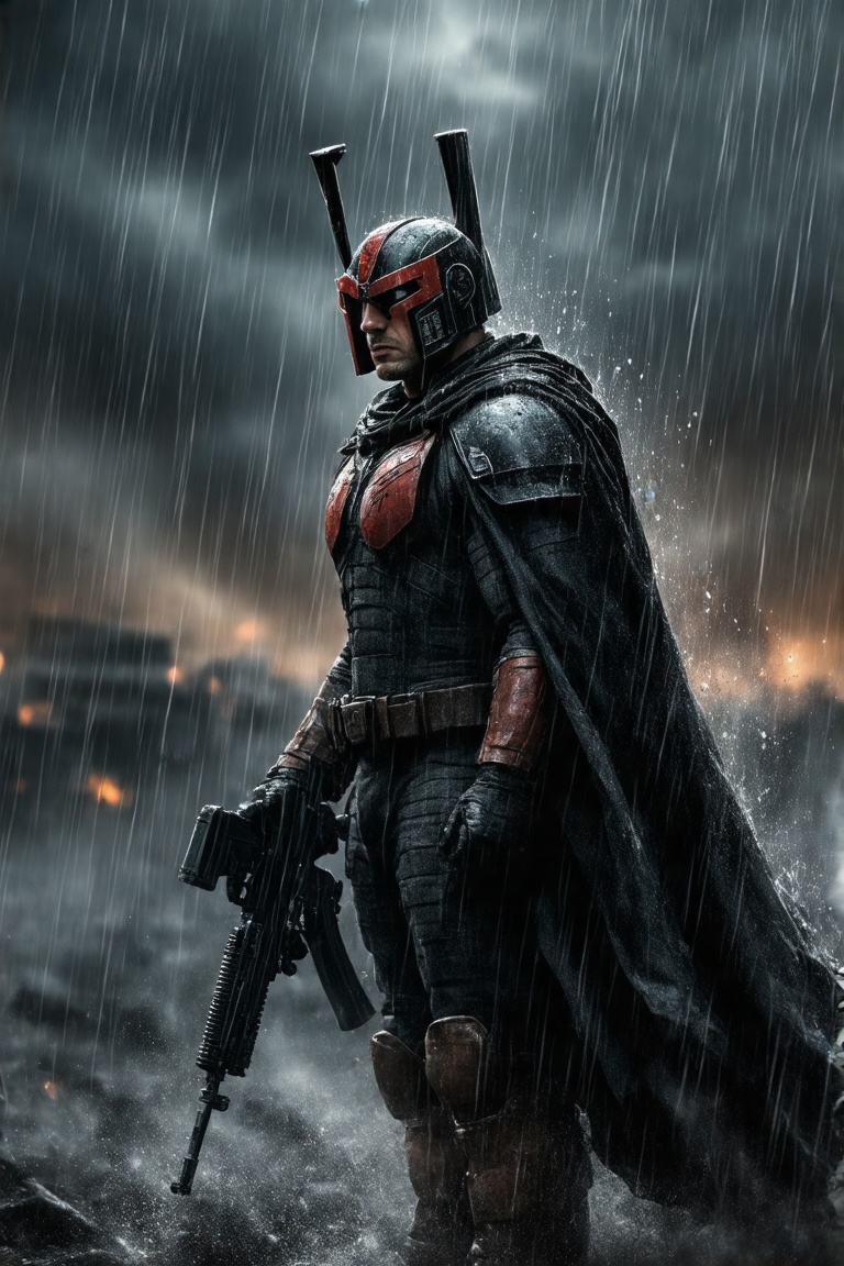 This image is a digital drawing in a style reminiscent of a Judge Dredd comic book art. It features Judge Dredd as a lone,...