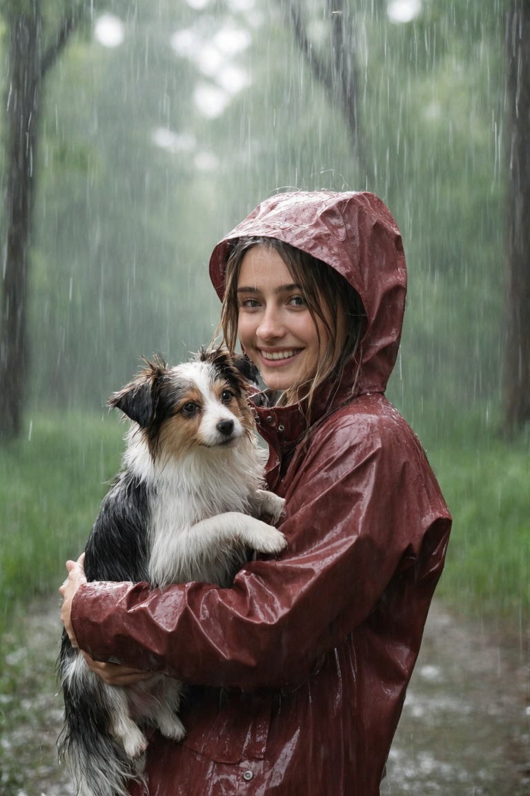 The image is a photograph featuring a young woman and a small dog,  taken outdoors in the heavy rain shower. The woman is...