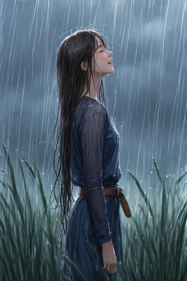 This is a digital illustration depicting a young woman from the side standing in a rainy night during a heavy rain shower....