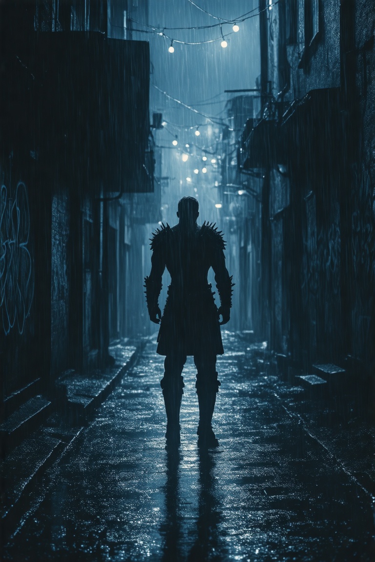 This is a high-resolution digital illustration depicting a dark,  rain-soaked alley at night during a heavy rain shower. T...