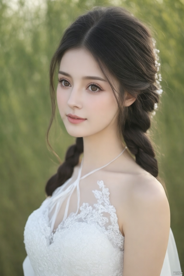 (persolong dark hair,hair in braid,light-colored dress,best quality,4k,8k,highres,masterpiece:1.2),ultra-detailed,(realistic,photorealistic,photo-realistic:1.37),beautiful detailed eyes,beautiful detailed lips,extremely detailed eyes and face,long eyelashes,serene expression,flowing dress,white and pastel tones,soft fabric,delicate lace,bokeh,ethereal atmosphere,soft lighting,romantic style,airy and light,whimsical,vivid colors,graceful pose,side profile,glowing light effects,celestial details,soft shadows