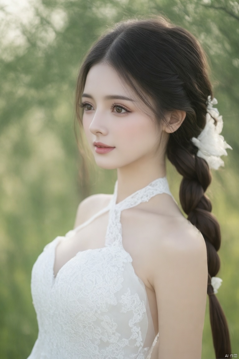 (persolong dark hair,hair in braid,light-colored dress,best quality,4k,8k,highres,masterpiece:1.2),ultra-detailed,(realistic,photorealistic,photo-realistic:1.37),beautiful detailed eyes,beautiful detailed lips,extremely detailed eyes and face,long eyelashes,serene expression,flowing dress,white and pastel tones,soft fabric,delicate lace,bokeh,ethereal atmosphere,soft lighting,romantic style,airy and light,whimsical,vivid colors,graceful pose,side profile,glowing light effects,celestial details,soft shadows