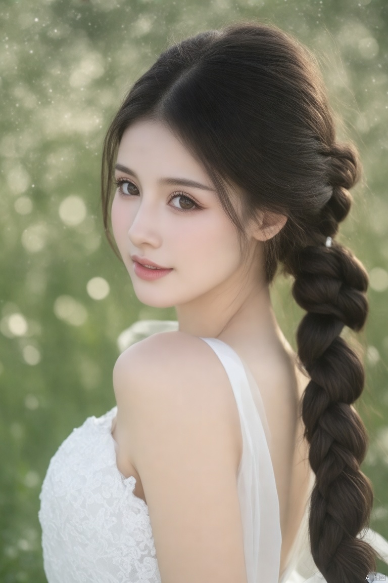 (persolong dark hair,hair in braid,light-colored dress,best quality,4k,8k,highres,masterpiece:1.2),ultra-detailed,(realistic,photorealistic,photo-realistic:1.37),beautiful detailed eyes,beautiful detailed lips,extremely detailed eyes and face,long eyelashes,serene expression,flowing dress,white and pastel tones,soft fabric,delicate lace,bokeh,ethereal atmosphere,soft lighting,romantic style,airy and light,whimsical,vivid colors,graceful pose,side profile,glowing light effects,celestial details,soft shadows
