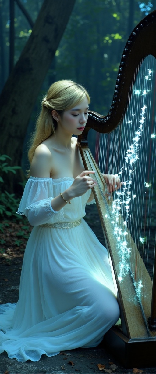In this intense movie scene,  a blonde-haired,  blue-eyed female A magical musician playing a glowing on Tensor.Art