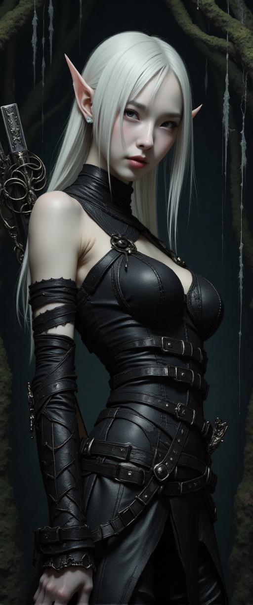 8k wallpaper of a female drow ranger,  with dark ashy skin and long white hair wearing intricate elven chainmail,  holding...