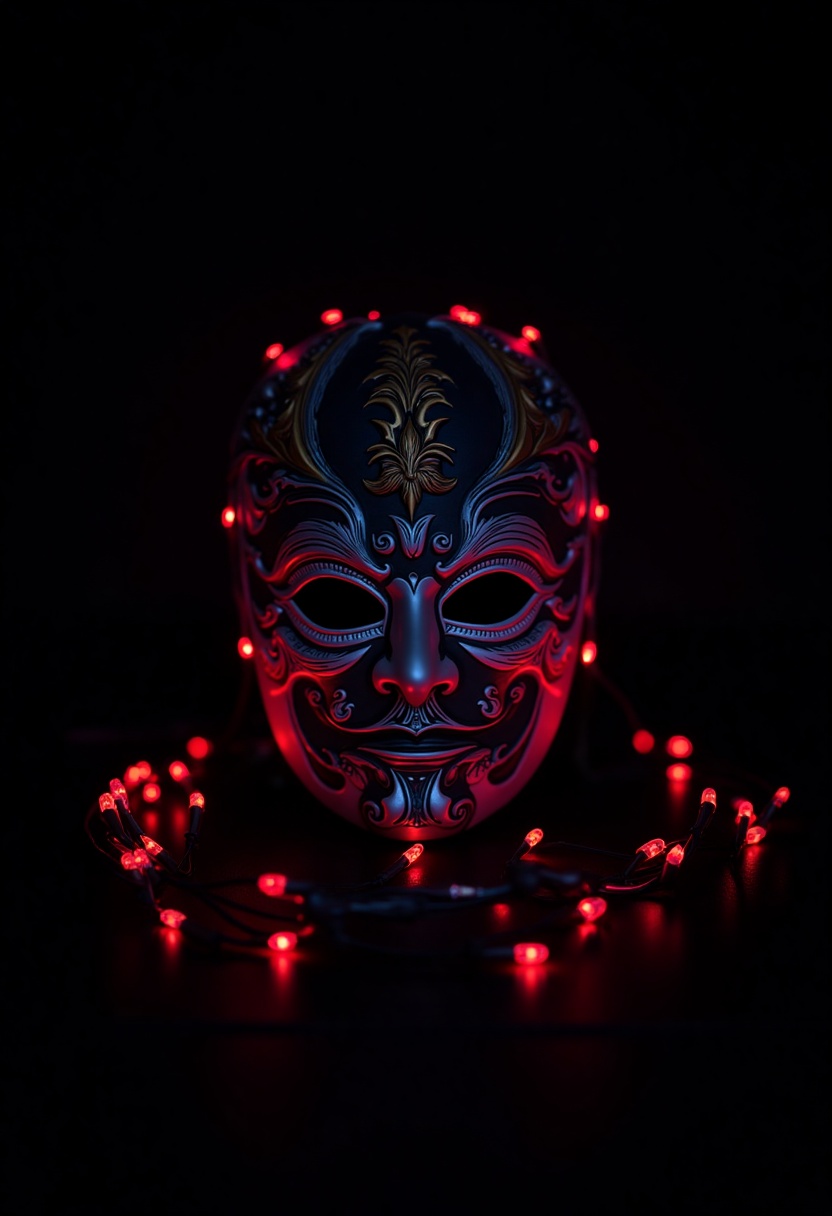 a vibrant red and blue mask is adorned with intricate carvings. The mask is encircled by a series of vibrant red lights,...
