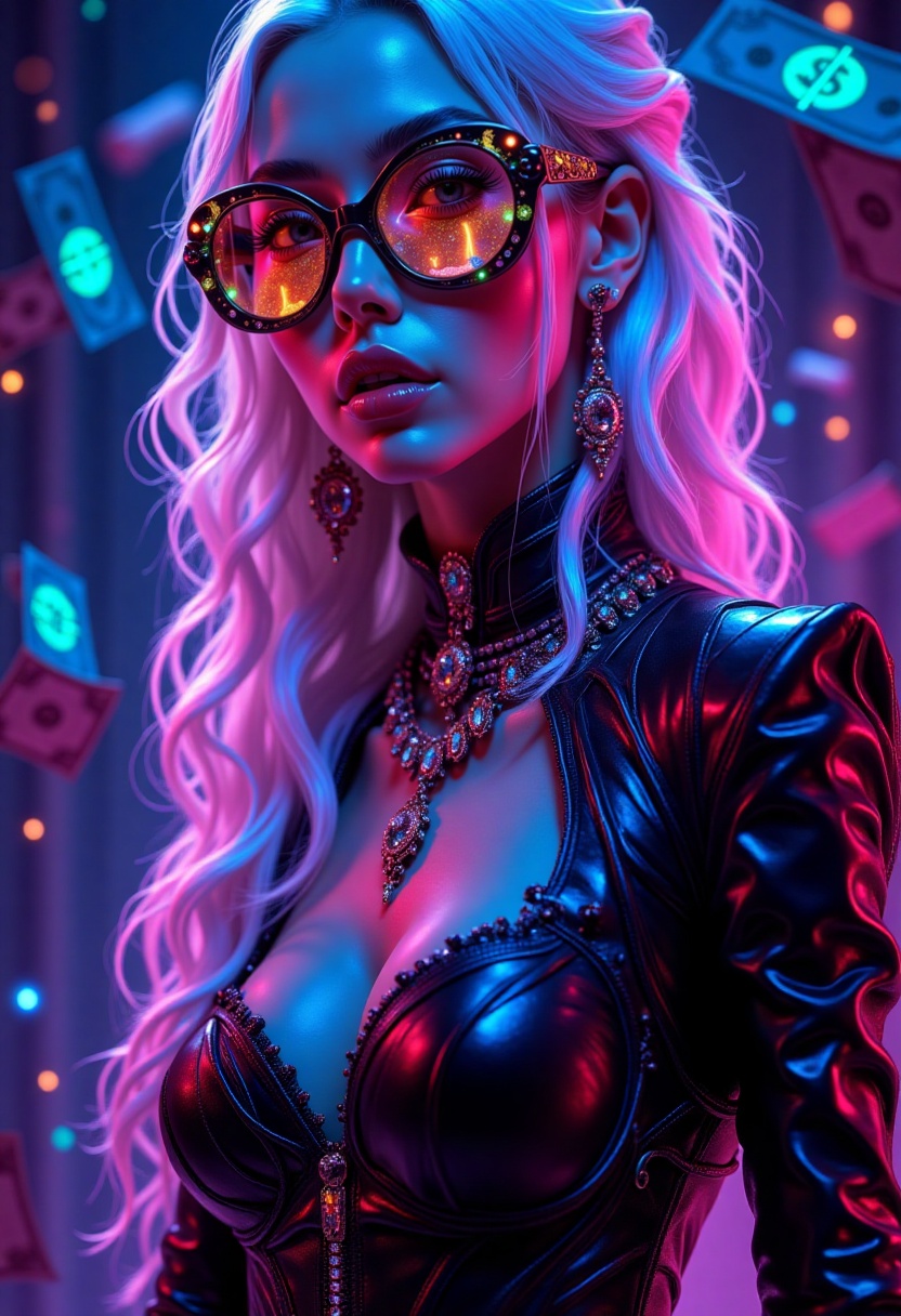 sk_luminescent,  A striking neon-lit portrait of a futuristic female figure,  exuding a bold cyberpunk aesthetic. She wear...