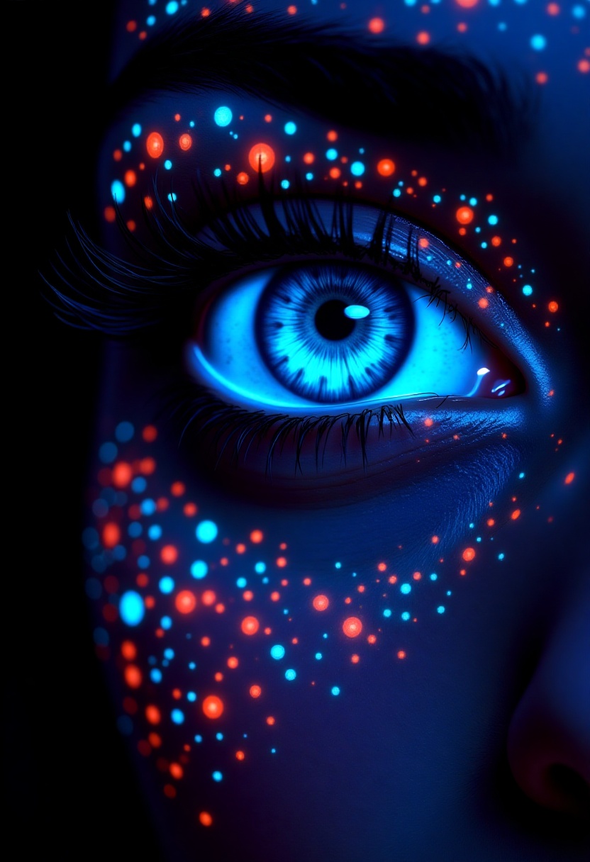 A close up view of a woman's eye,  the eye is glowing with a blue tint. The eye is surrounded by a series of orange and bl...