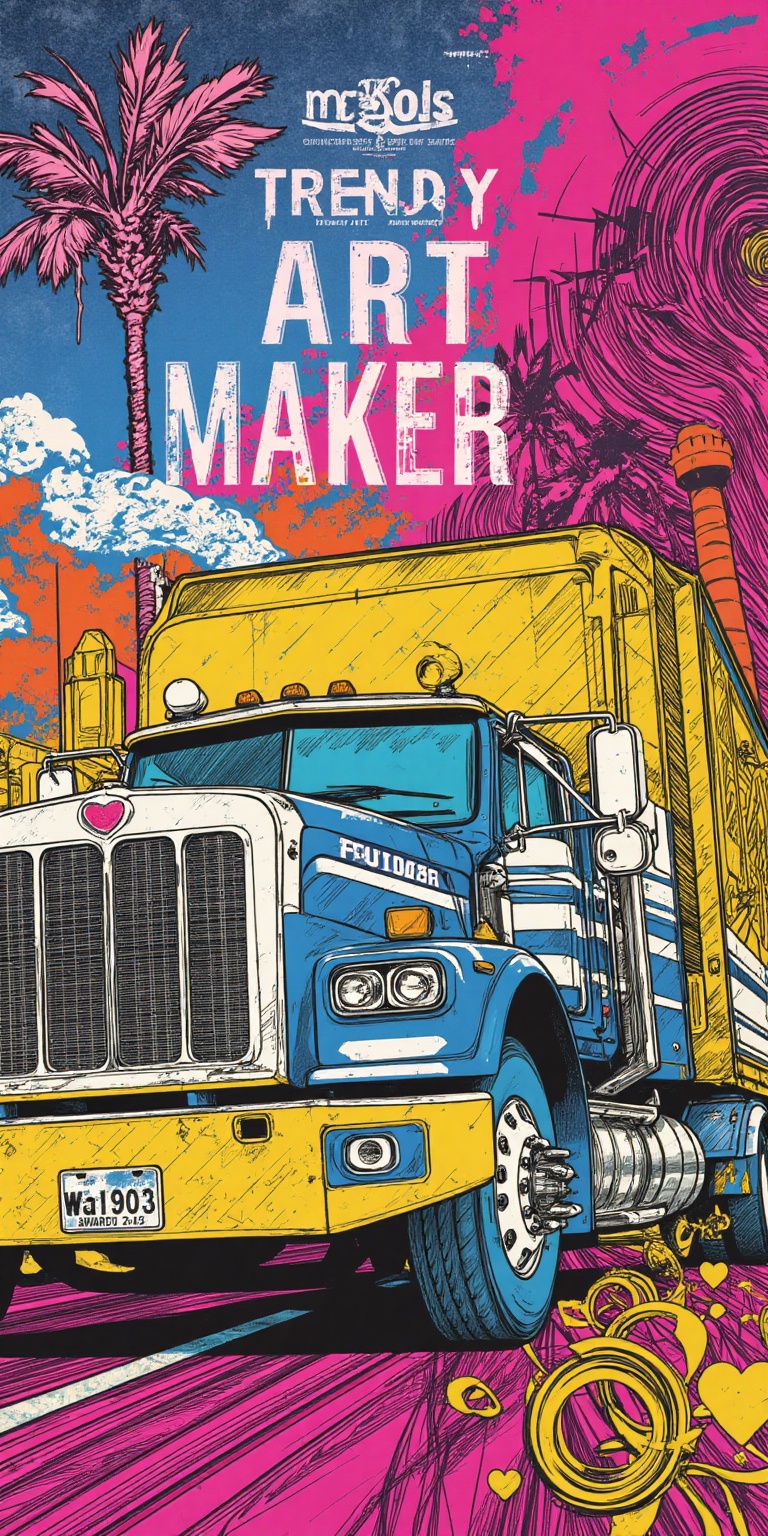 A vibrant,  high-quality abstract illustration featuring a tractor-trailer truck as the central focus. The motor vehicle i...