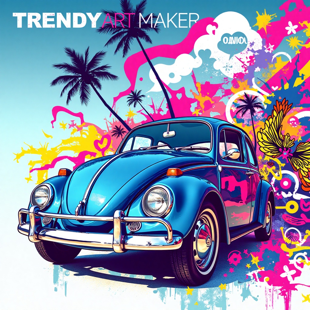 A vibrant,  high-quality abstract illustration featuring a vw beetle as the central focus. The motor vehicle is rendered i...