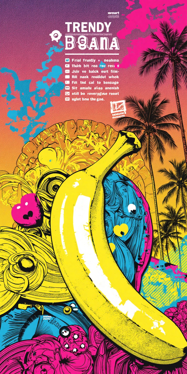 A vibrant,  high-quality abstract illustration featuring a banana as the central focus. The fruit is rendered in bold,  gr...