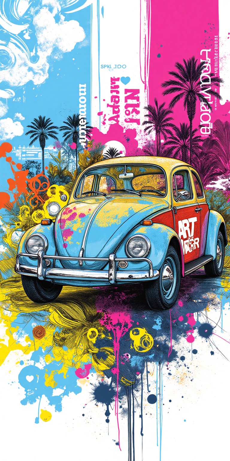 A vibrant,  high-quality abstract illustration featuring a vw beetle as the central focus. The motor vehicle is rendered i...