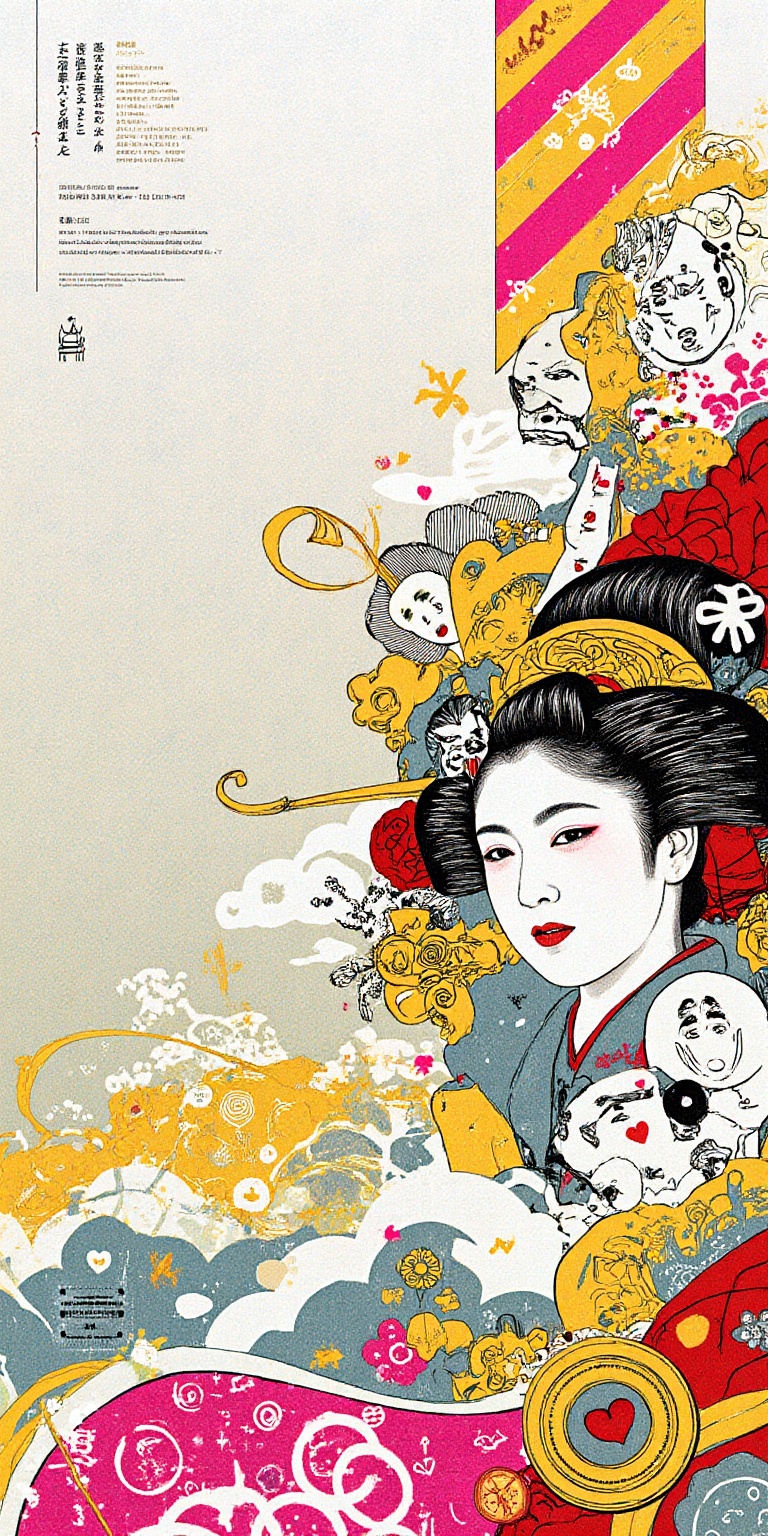 A vibrant,  high-quality abstract illustration featuring stylized Geisha faces of various sizes as the central focus. The...