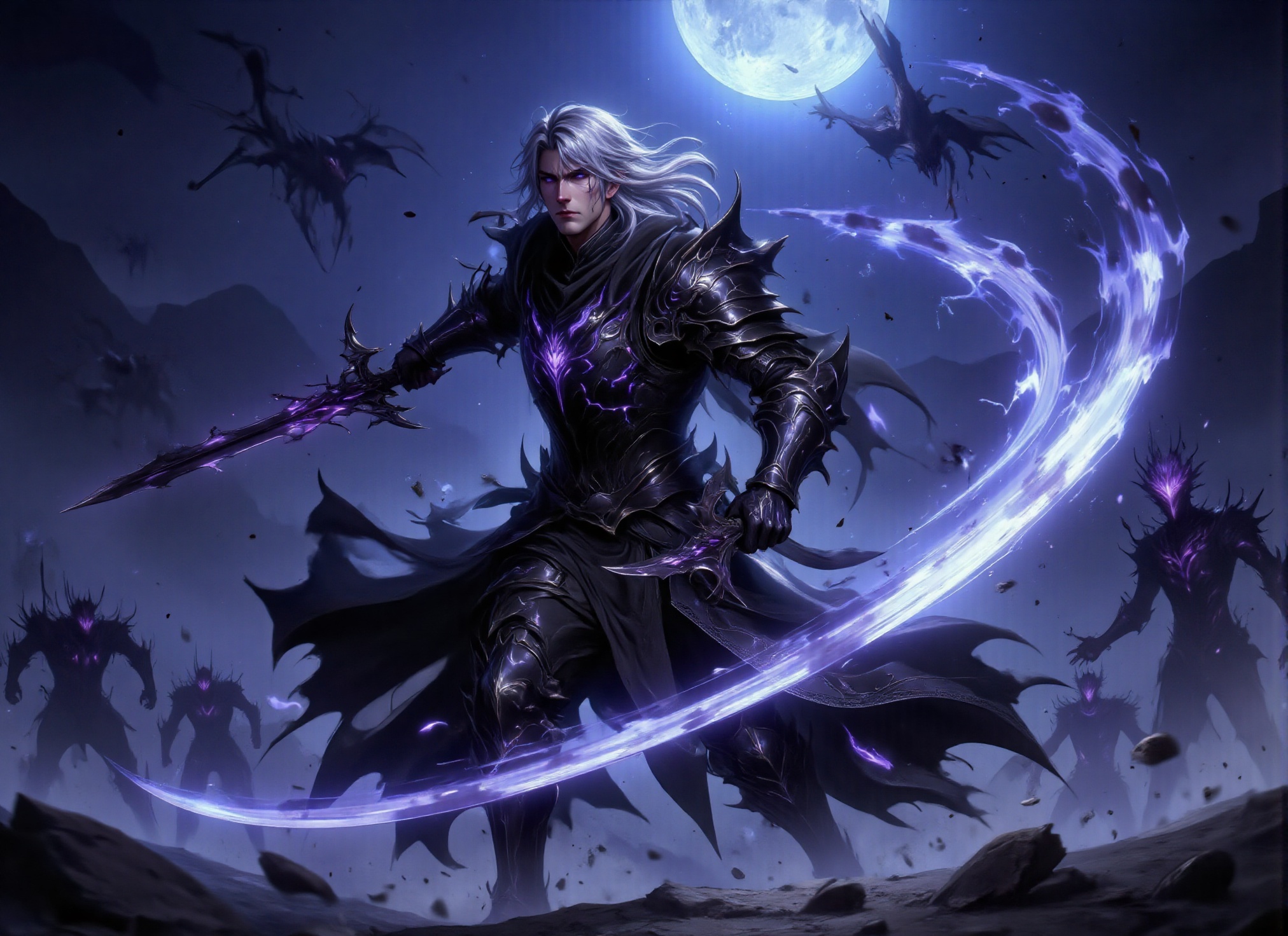 (((A handsome swordsman rushes forward,  swinging his sword through the air,  slicing through monsters on Tensor.Art