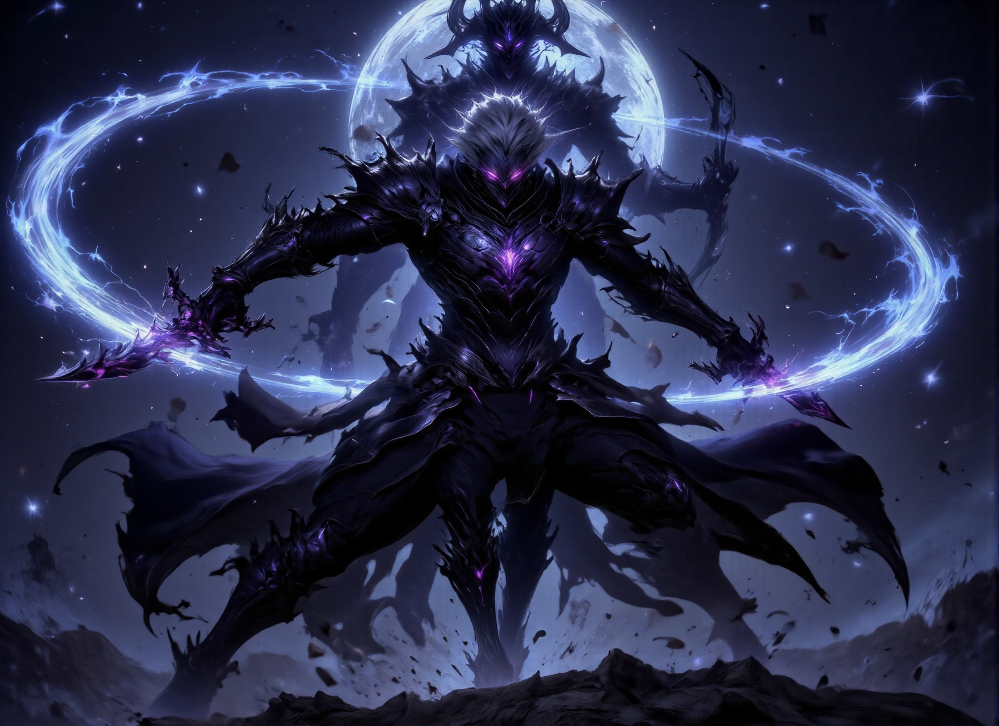 (((swordsman rushing forward,  swinging his sword through the air,  eerie blue moonlight casting harsh shadows on the dese...