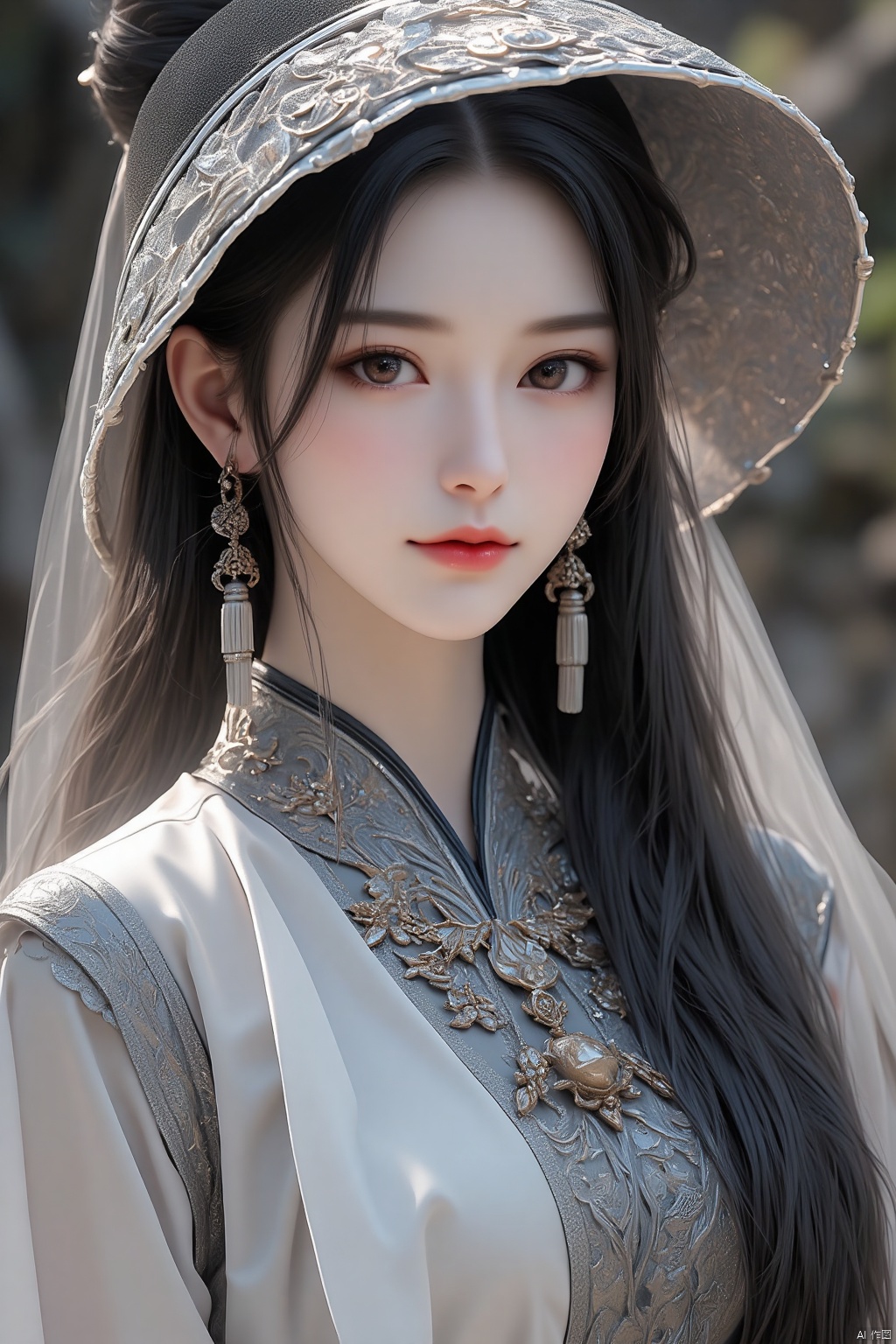 Best quality,masterpiece,16K,realistic,cinematic image quality,realistic,1girl,Chinese Yi ethnic clothing,Silver metal headwear,brown eyes,earrings,hat,jewelry,Yi ethnic metal jewelry,A huge metal hat,Headwear metal tassels,Silver metal hat,lace,lace trim,lips,long hair,looking at viewer,parted lips,solo,upper body,