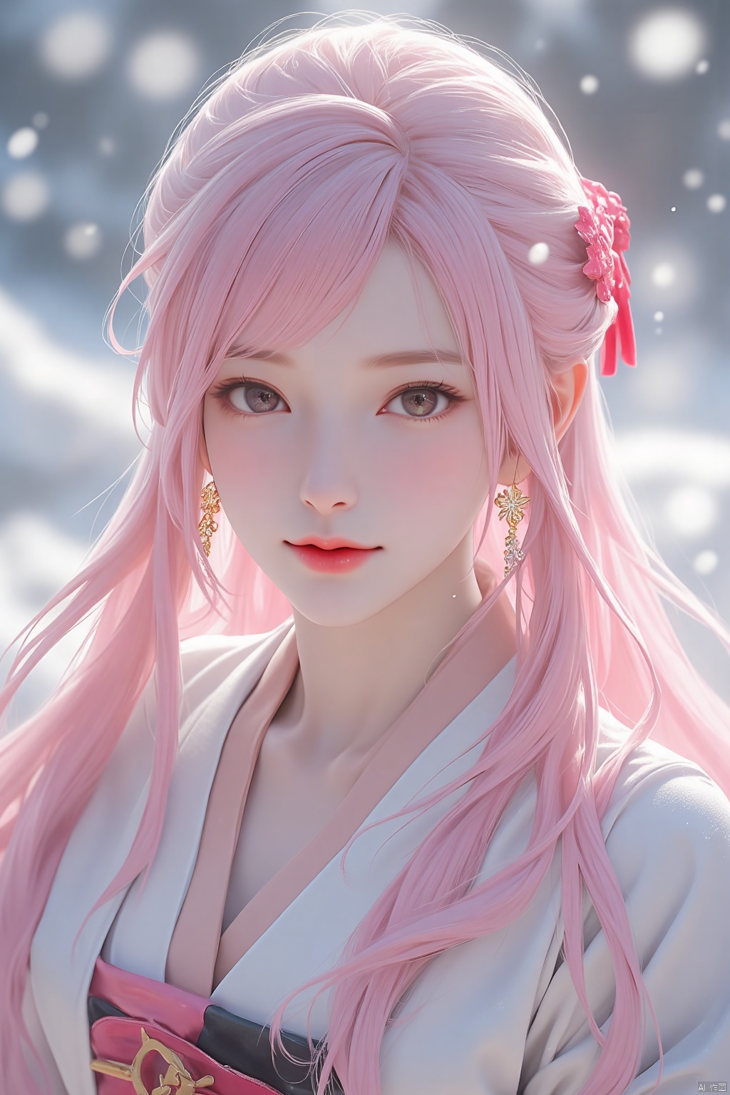 gufeng,1girl,long hair,solo,jewelry,earrings,blurry background,upper body,pink hair,blurry,snowing,closed mouth,lips,snow,facing viewer,ribbon,hanfu,flower,